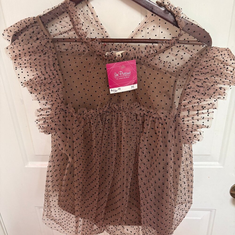 Ee:some Brown Polka Dot Tulle Ruffle Top - Women's Size M